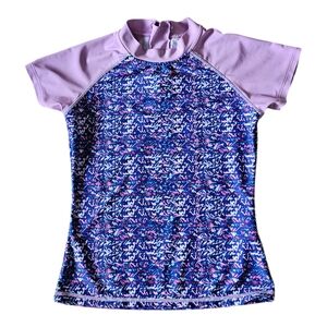 Eddie Bauer Girls Rash Guard Swim Shirt Size 10/12 Short Sleeve Zip Back Purple